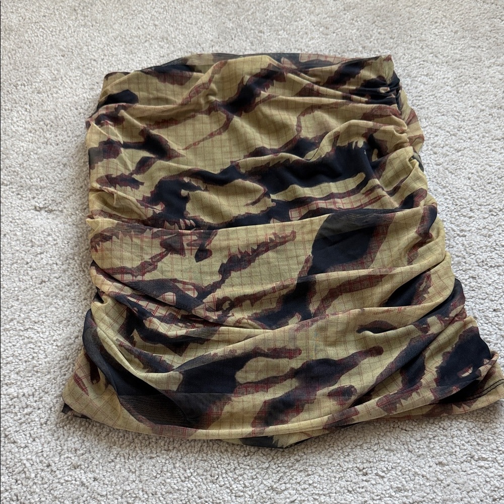 Topshop Olive Green Ruched Mini Skirt with Black & Brown Print